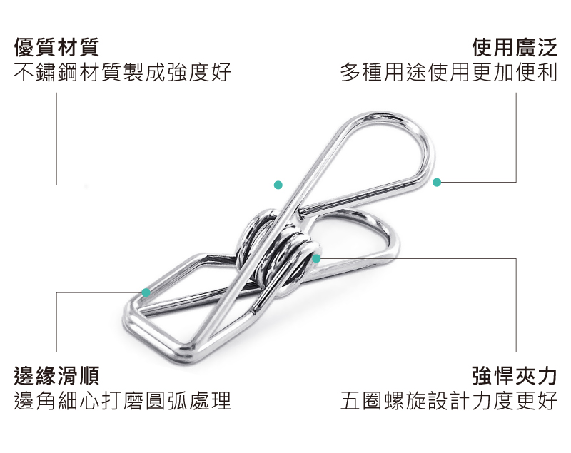 優質材質使用廣泛不鏽鋼材質製成強度好多種用途使用更加便利邊緣滑順強悍夾力邊角細心打磨圓弧處理五圈螺旋設計力度更好