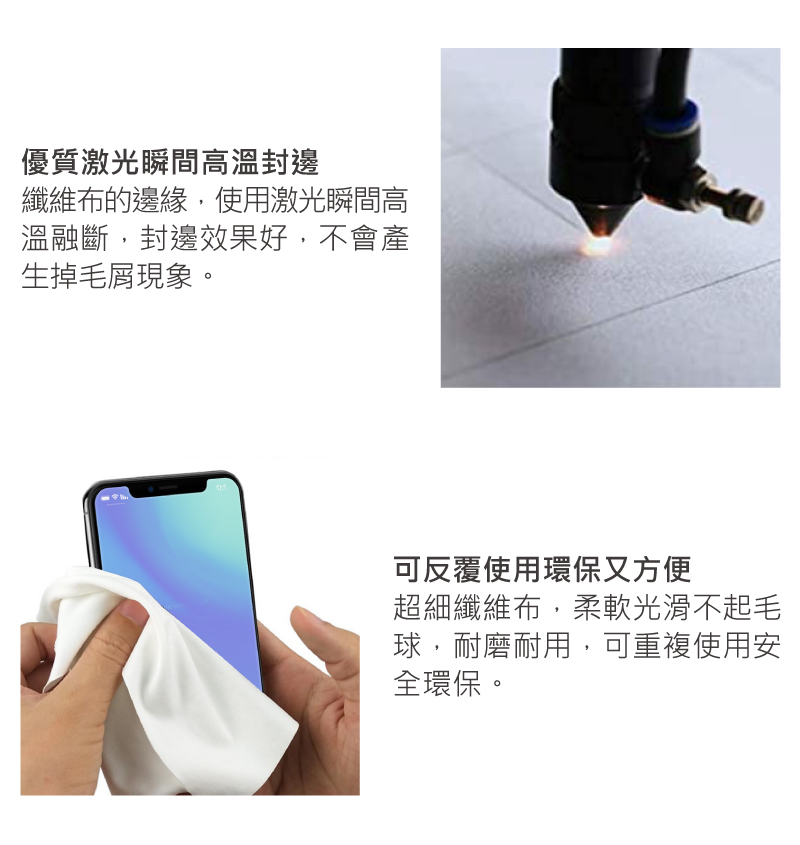 優質激光瞬間高溫封邊纖維布的邊緣,使用激光瞬間高溫融斷,封邊效果好,不會產生掉毛屑現象。可反覆使用環保又方便超細纖維布,柔軟光滑不起毛球,耐磨耐用,可重複使用安全環保。